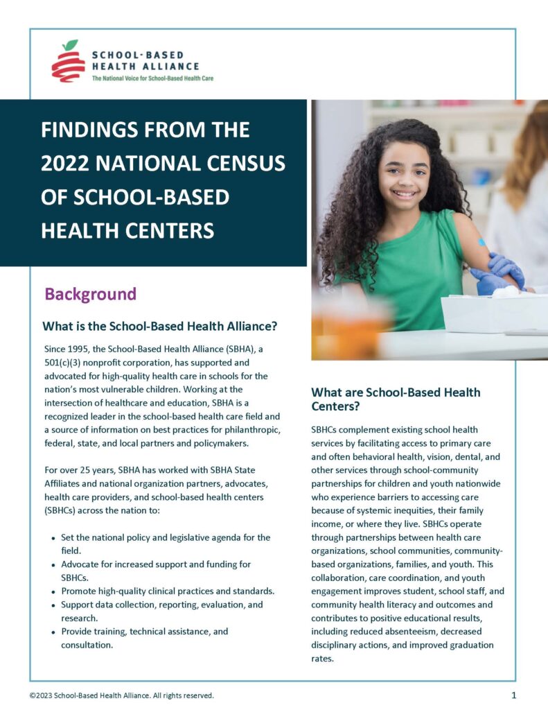 Cover of report with the SBHA logo and a photo of a Black girl with long curly black hair with a flexible bandage on her arm